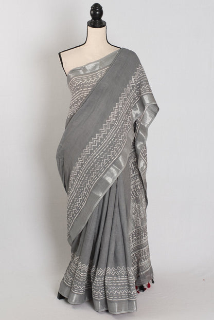 Snigdha: Grey and Silver Hand Block Printed Saree | Soft Linen Cotton