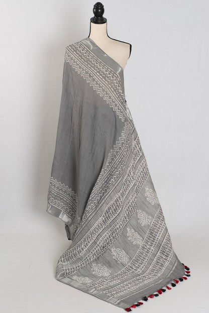Snigdha: Grey and Silver Hand Block Printed Saree | Soft Linen Cotton