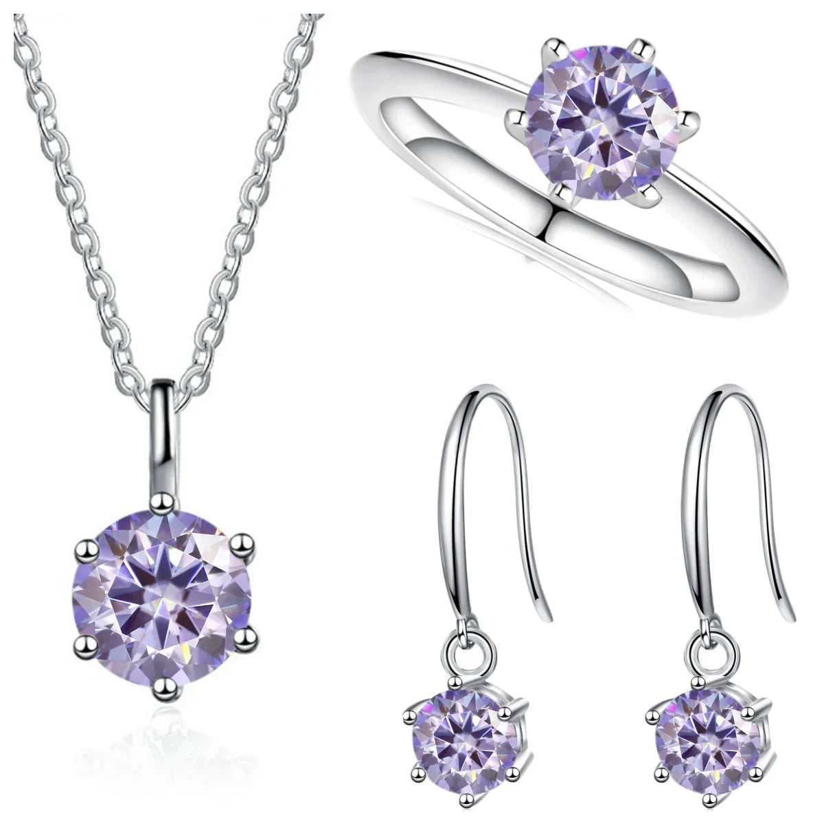 2.5ct Solitaire Moissanite 925 Sterling Silver Necklace Earrings Ring Set light purple silver