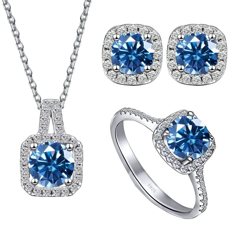 Sterling Silver 3-Piece Moissanite Jewelry Set 1ct Necklace Ring Earrings 1ct per stone each royal blue