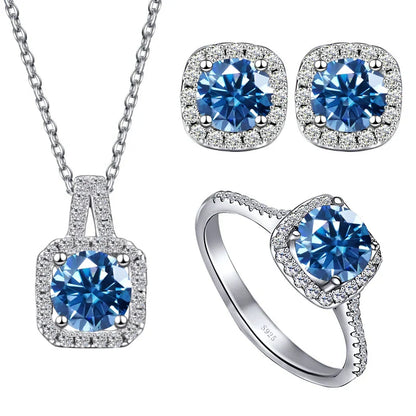 Sterling Silver 3-Piece Moissanite Jewelry Set 1ct Necklace Ring Earrings 1ct per stone each royal blue