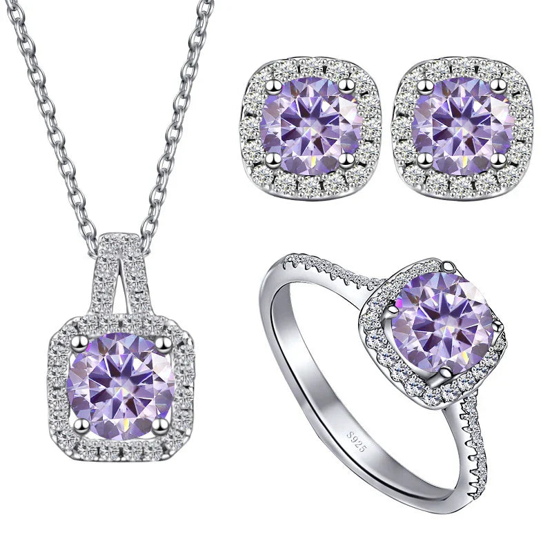 Sterling Silver 3-Piece Moissanite Jewelry Set 1ct Necklace Ring Earrings 1ct per stone each light purple