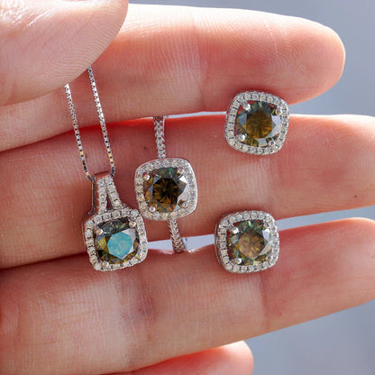 Sterling Silver 3-Piece Moissanite Jewelry Set 1ct Necklace Ring Earrings 1ct per stone each yellow green