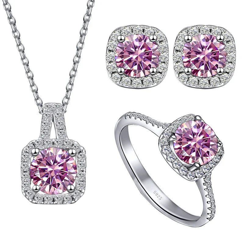 Sterling Silver 3-Piece Moissanite Jewelry Set 1ct Necklace Ring Earrings 1ct per stone each pink