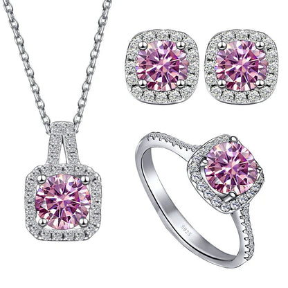 Sterling Silver 3-Piece Moissanite Jewelry Set 1ct Necklace Ring Earrings 1ct per stone each pink