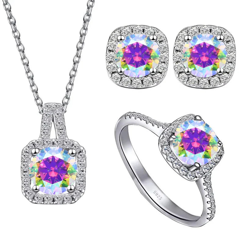 Sterling Silver 3-Piece Moissanite Jewelry Set 1ct Necklace Ring Earrings 1ct per stone each AB color