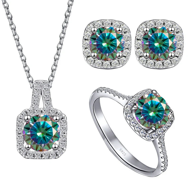 Sterling Silver 3-Piece Moissanite Jewelry Set 1ct Necklace Ring Earrings 1ct per stone each rainbow green