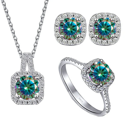 Sterling Silver 3-Piece Moissanite Jewelry Set 1ct Necklace Ring Earrings 1ct per stone each rainbow green