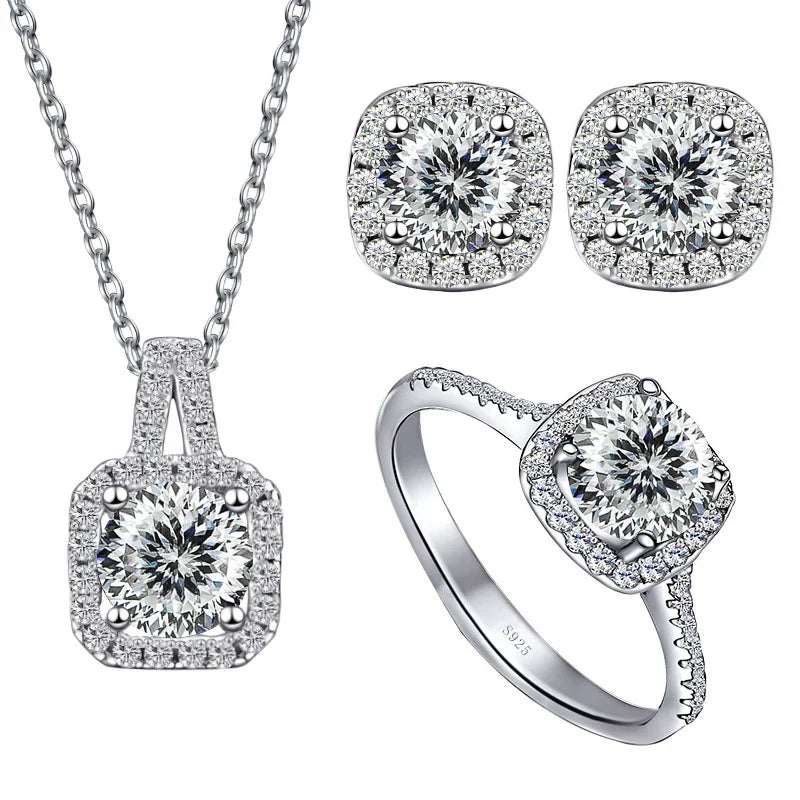 Sterling Silver 3-Piece Moissanite Jewelry Set 1ct Necklace Ring Earrings 1ct per stone each 100 faceted cut