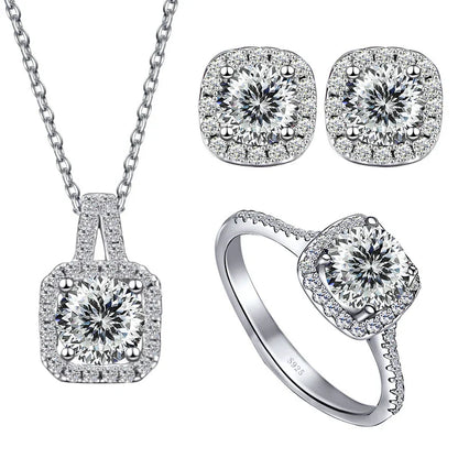 Sterling Silver 3-Piece Moissanite Jewelry Set 1ct Necklace Ring Earrings 1ct per stone each 100 faceted cut