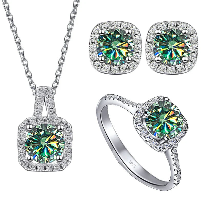Sterling Silver 3-Piece Moissanite Jewelry Set 1ct Necklace Ring Earrings 1ct per stone each blue green