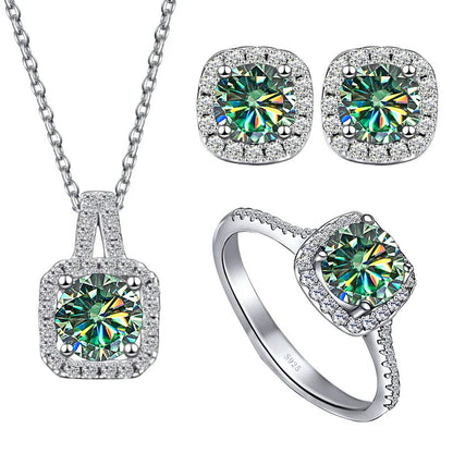 Sterling Silver 3-Piece Moissanite Jewelry Set 1ct Necklace Ring Earrings 1ct per stone each blue green