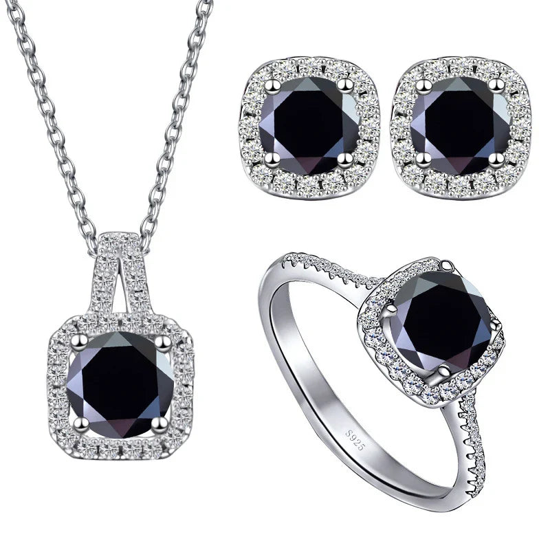 Sterling Silver 3-Piece Moissanite Jewelry Set 1ct Necklace Ring Earrings 1ct per stone each black