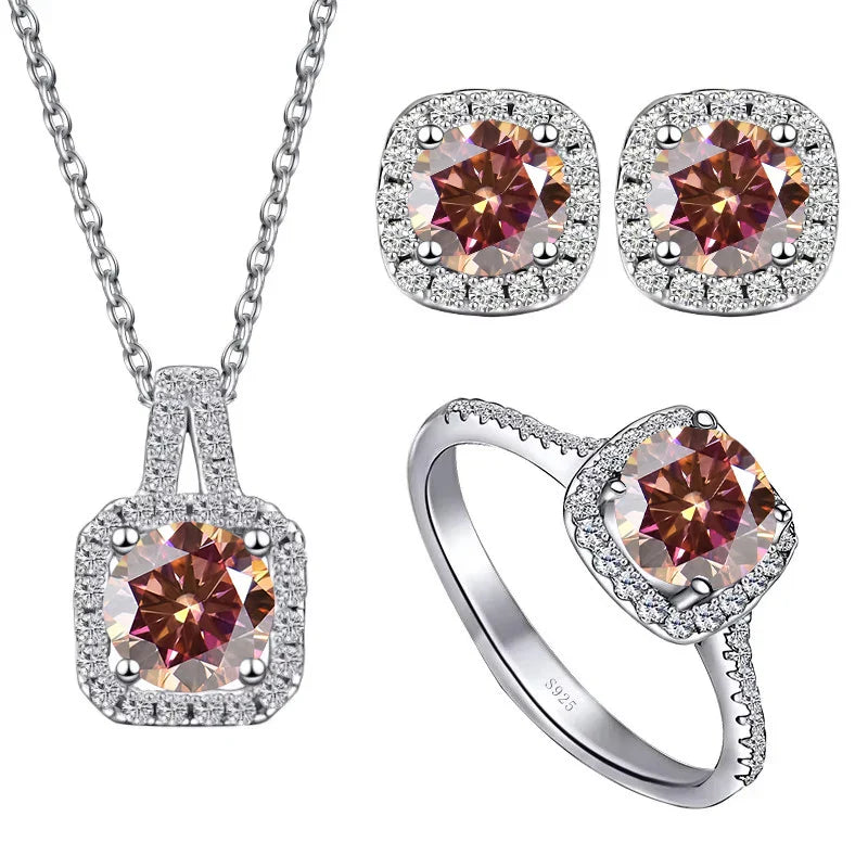 Sterling Silver 3-Piece Moissanite Jewelry Set 1ct Necklace Ring Earrings 1ct per stone each orange red