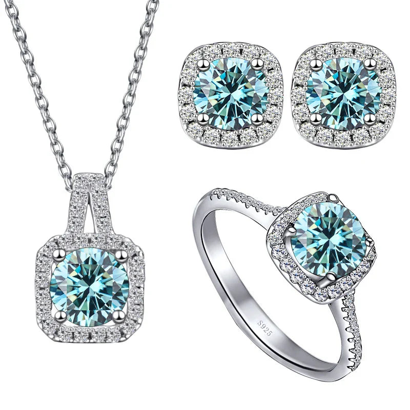 Sterling Silver 3-Piece Moissanite Jewelry Set 1ct Necklace Ring Earrings 1ct per stone each blue