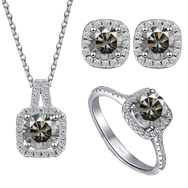 Sterling Silver 3-Piece Moissanite Jewelry Set 1ct Necklace Ring Earrings 1ct per stone each grey