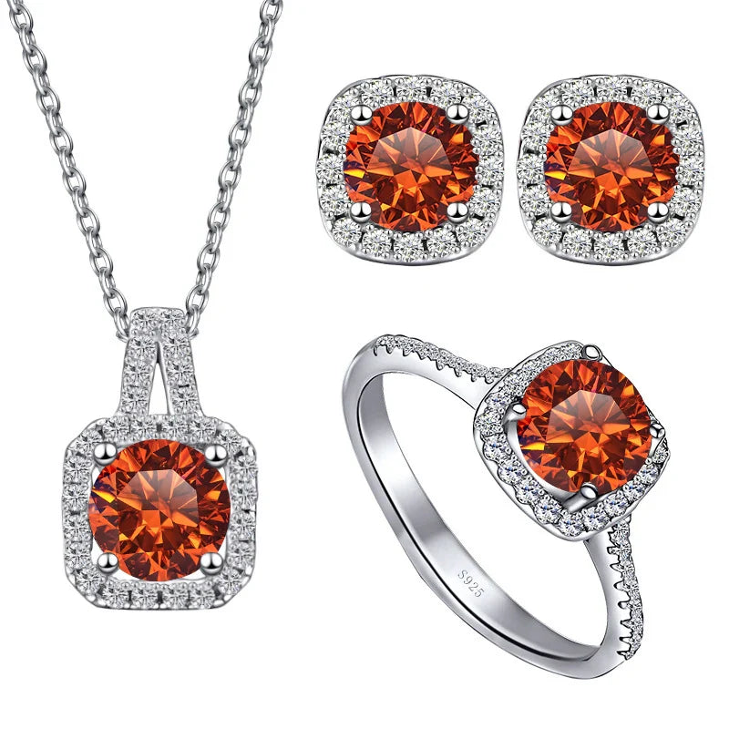Sterling Silver 3-Piece Moissanite Jewelry Set 1ct Necklace Ring Earrings 1ct per stone each fanta orange