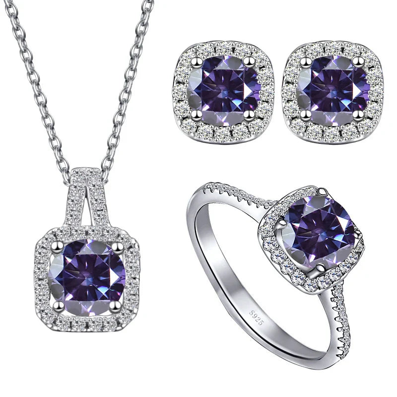 Sterling Silver 3-Piece Moissanite Jewelry Set 1ct Necklace Ring Earrings 1ct per stone each violet