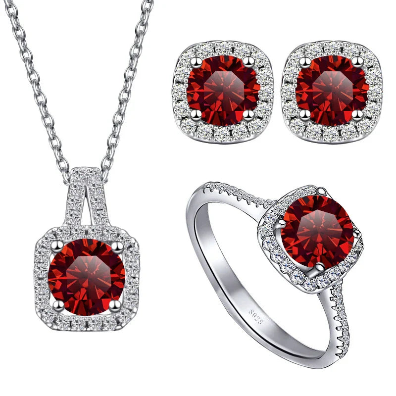 Sterling Silver 3-Piece Moissanite Jewelry Set 1ct Necklace Ring Earrings 1ct per stone each red