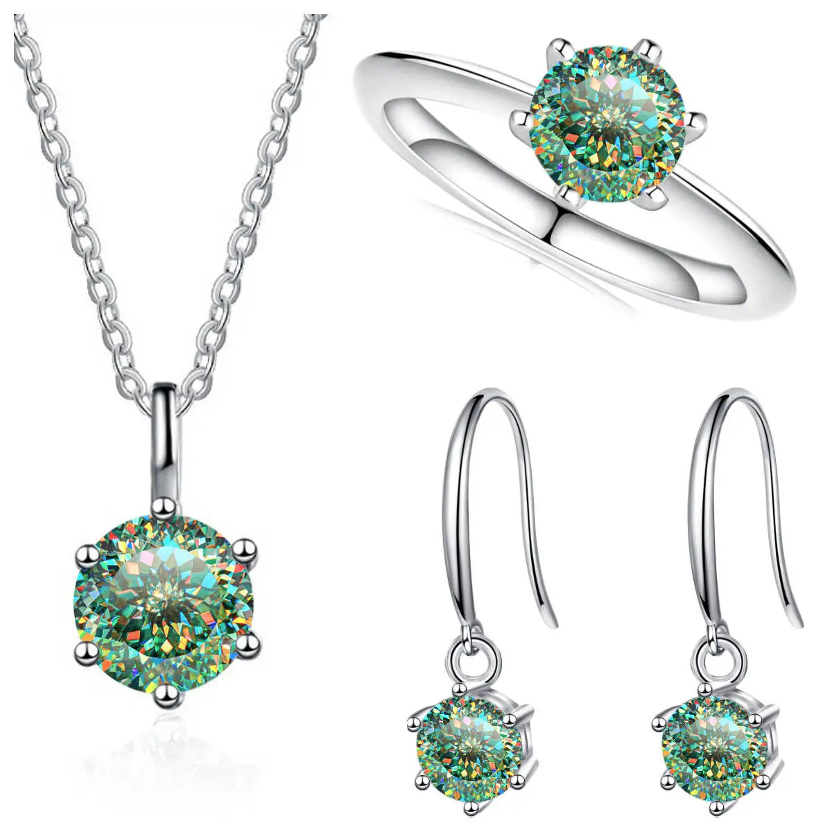 Sterling Silver 925 Moissanite Jewelry Set 2.5CT D Color Necklace Earrings 100Cut Green