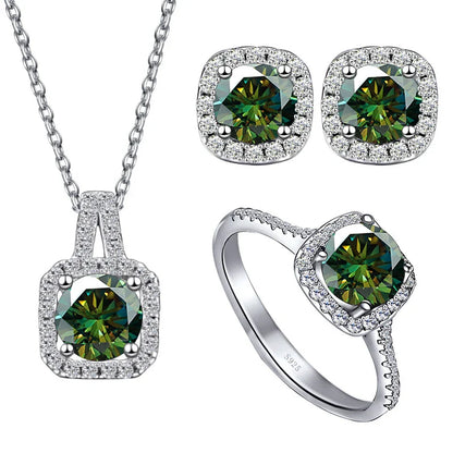 Sterling Silver 3-Piece Moissanite Jewelry Set 1ct Necklace Ring Earrings 1ct per stone each dark green
