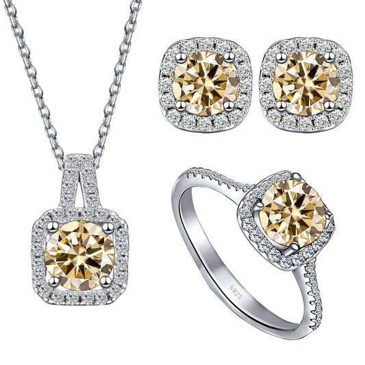 Sterling Silver 3-Piece Moissanite Jewelry Set 1ct Necklace Ring Earrings 1ct per stone each light yellow