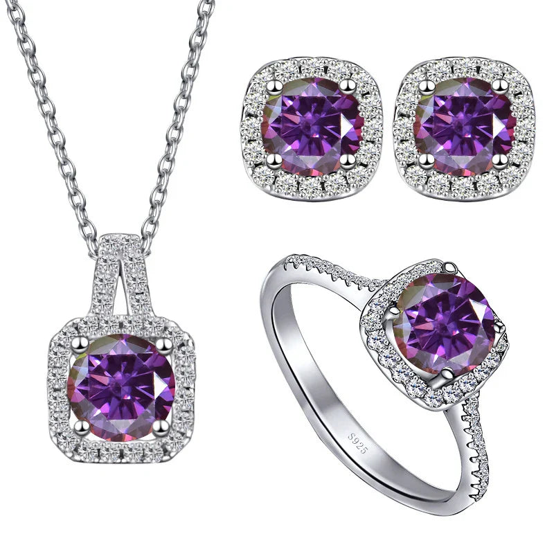 Sterling Silver 3-Piece Moissanite Jewelry Set 1ct Necklace Ring Earrings 1ct per stone each purplish red