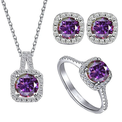 Sterling Silver 3-Piece Moissanite Jewelry Set 1ct Necklace Ring Earrings 1ct per stone each purplish red