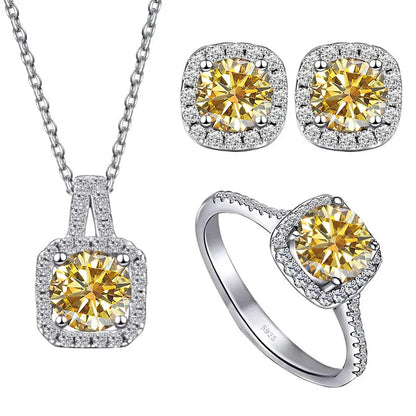 Sterling Silver 3-Piece Moissanite Jewelry Set 1ct Necklace Ring Earrings 1ct per stone each golden yellow