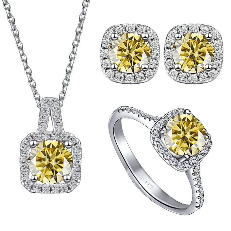 Sterling Silver 3-Piece Moissanite Jewelry Set 1ct Necklace Ring Earrings 1ct per stone each Lemon Yellow