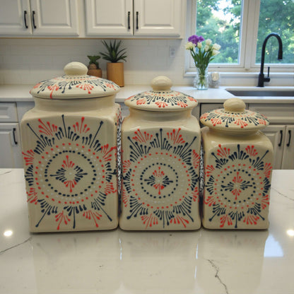 Talavera Ceramic Kitchen Canister Trio | White Multicolor Set 6