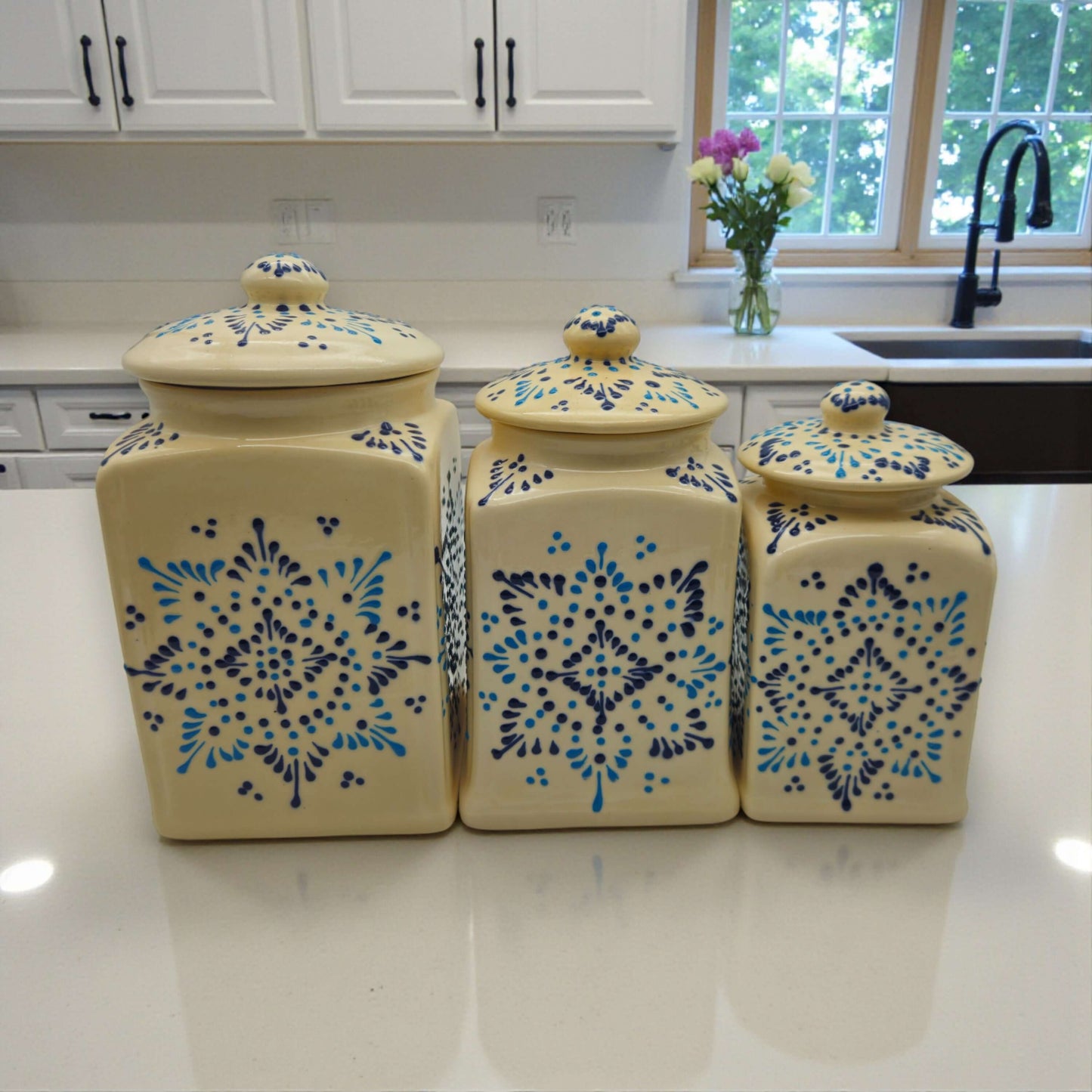 Talavera Ceramic Kitchen Canister Trio | White Multicolor Set 5