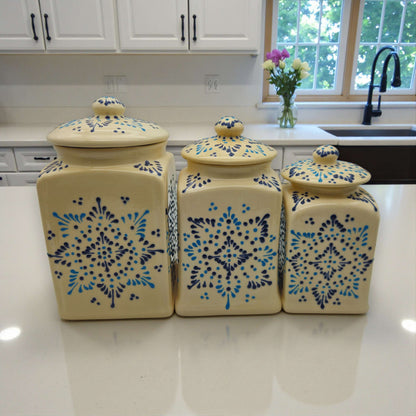 Talavera Ceramic Kitchen Canister Trio | White Multicolor Set 5
