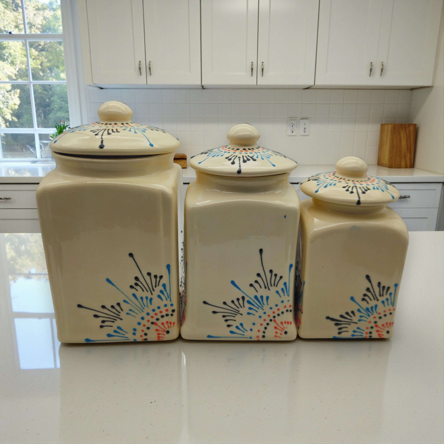 Talavera Ceramic Kitchen Canister Trio | White Multicolor Set 4