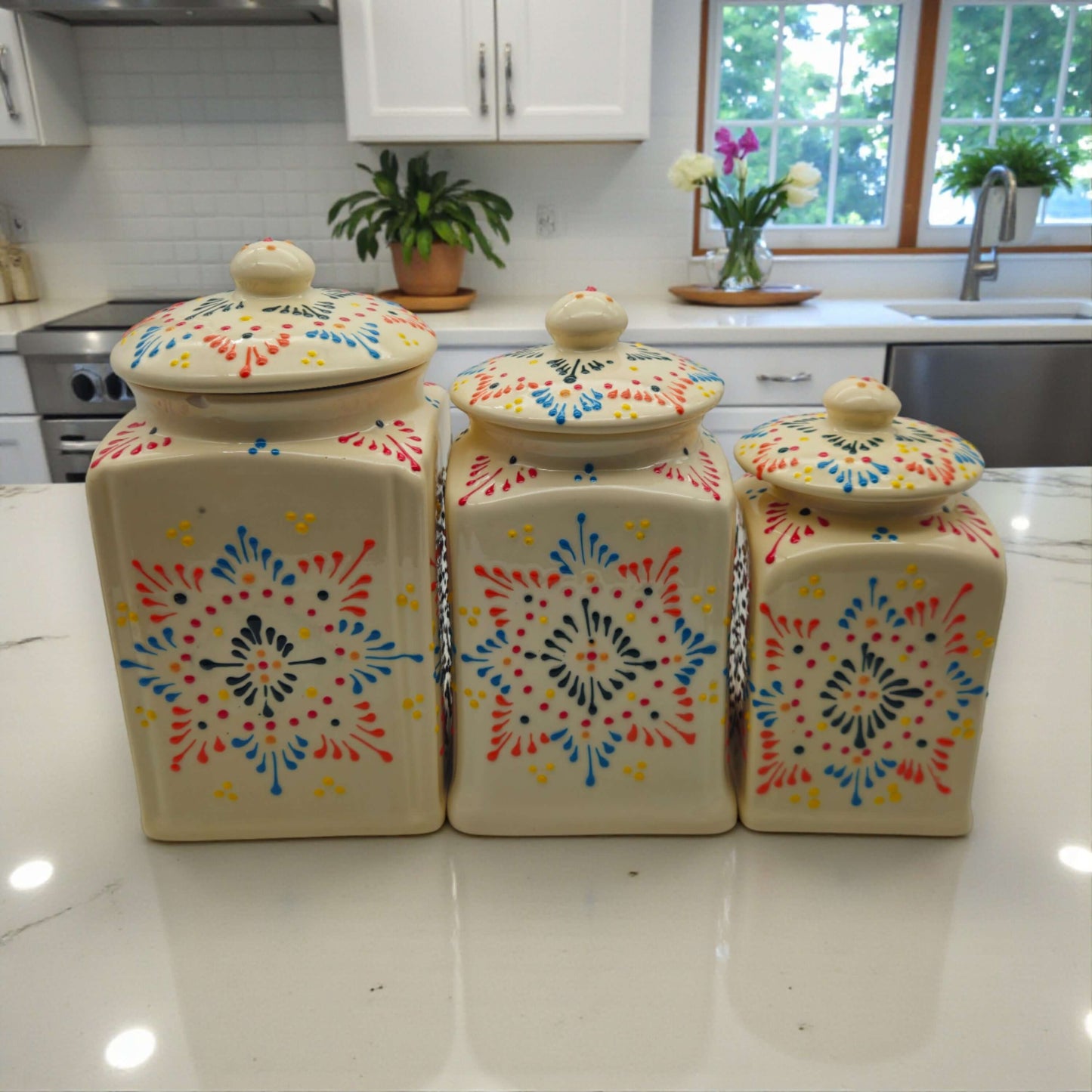 Talavera Ceramic Kitchen Canister Trio | White Multicolor Set 3