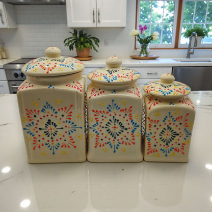 Talavera Ceramic Kitchen Canister Trio | White Multicolor Set 3