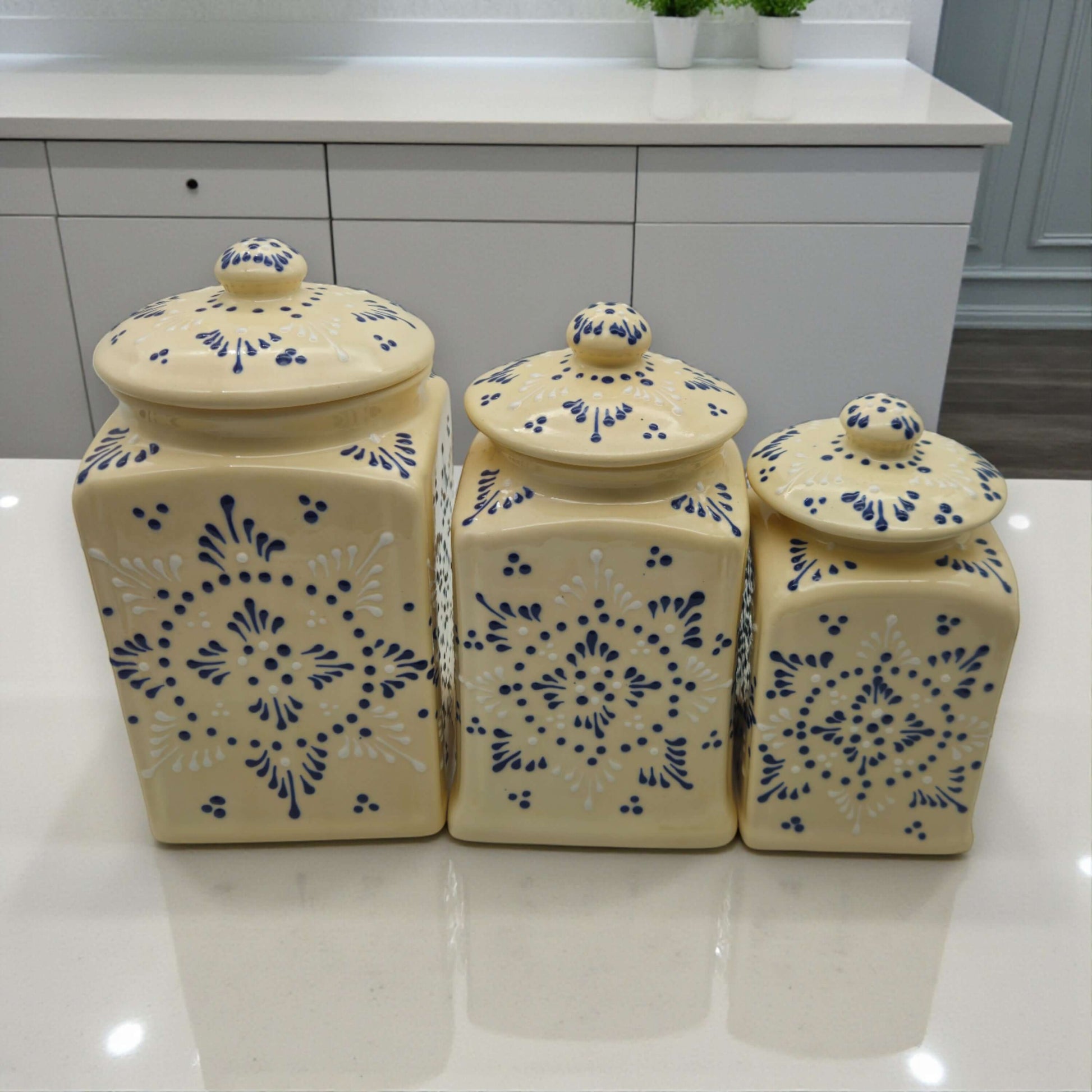 Talavera Ceramic Kitchen Canister Trio | White Multicolor Set 2