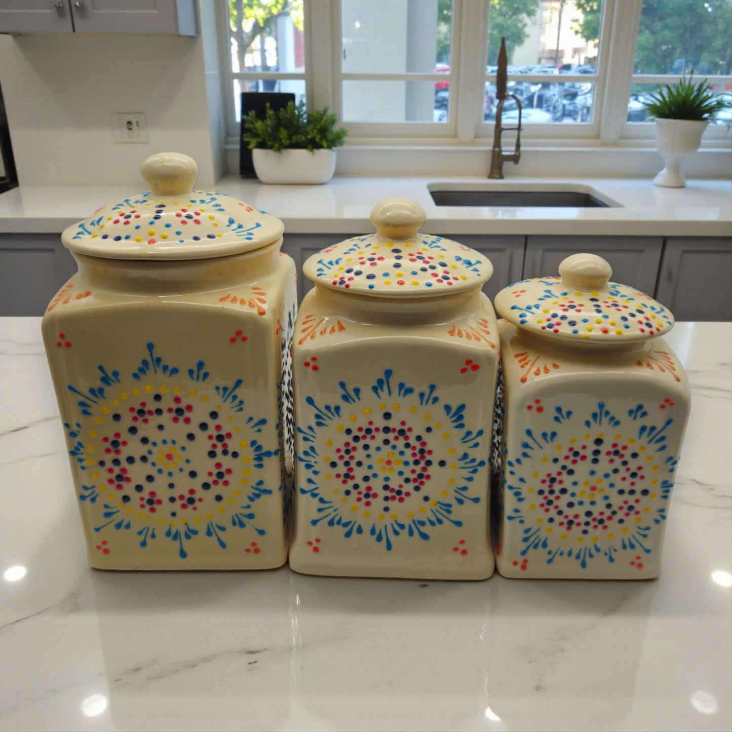 Talavera Ceramic Kitchen Canister Trio | White Multicolor Set 1