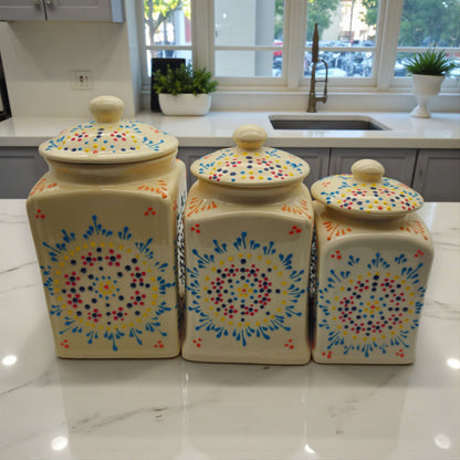 Talavera Ceramic Kitchen Canister Trio | White Multicolor Set 1