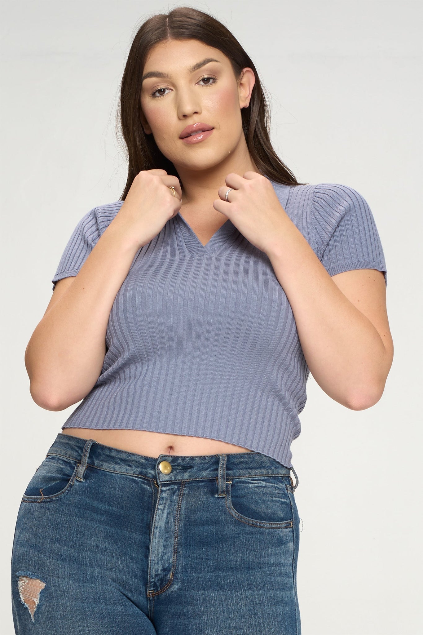 Short Sleeve Ribbed Top Denim Light Blue