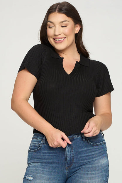 Short Sleeve Ribbed Top Black