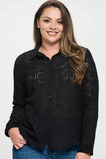 Long Sleeve Button Down Eyelet Top Black