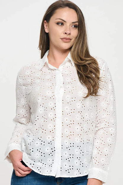 Long Sleeve Button Down Eyelet Top White