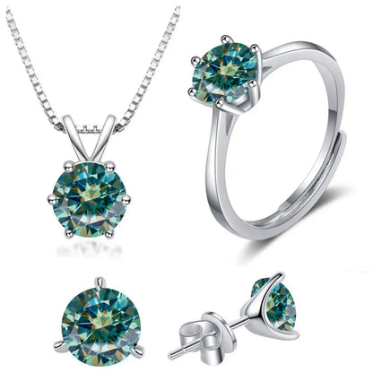 925 Sterling Silver 1ctx4 D Moissanite Necklace Earrings Set Bridal Jewelry blue green resizable
