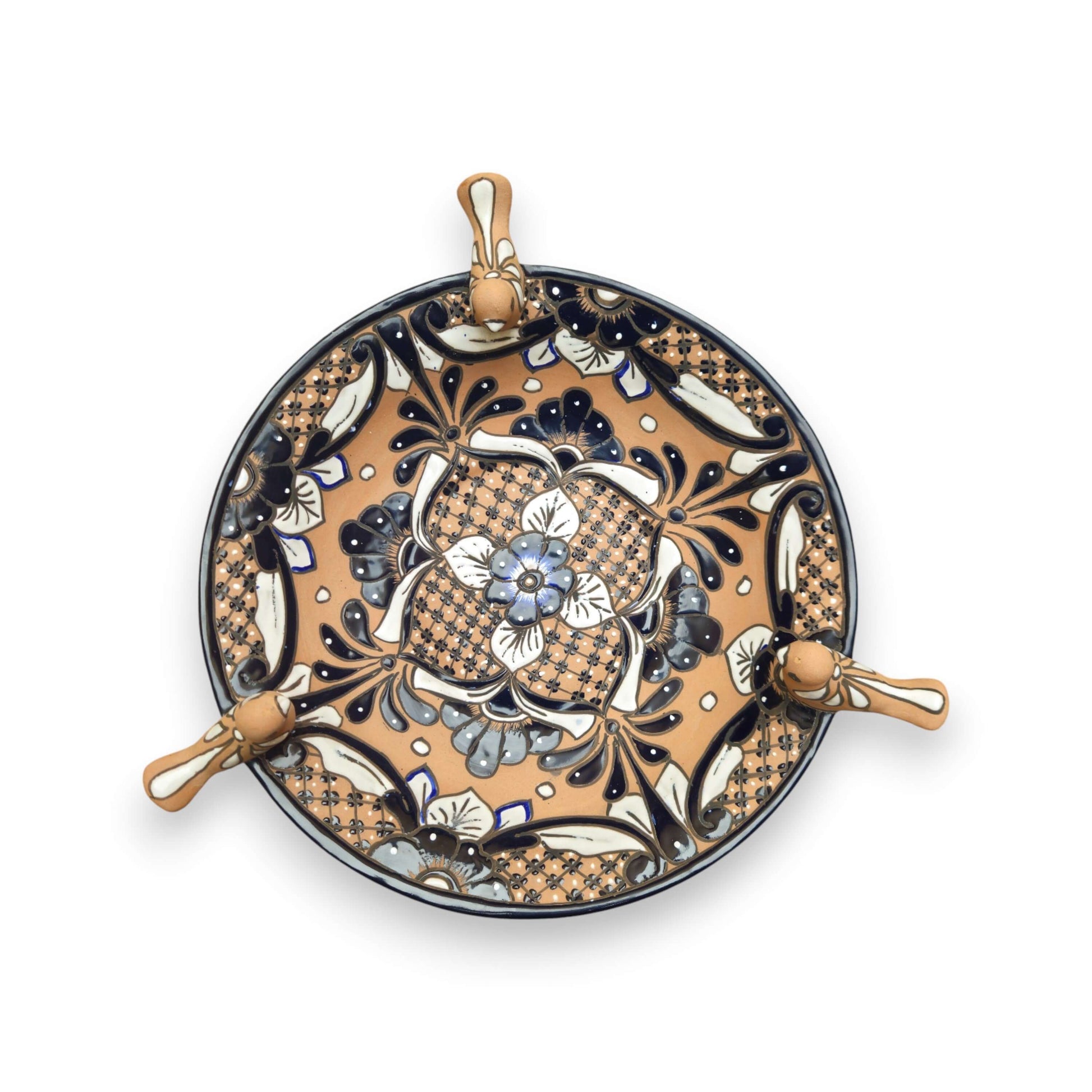 Terracotta Talavera Bird Bath | Black & Blue Hand-Painted Design