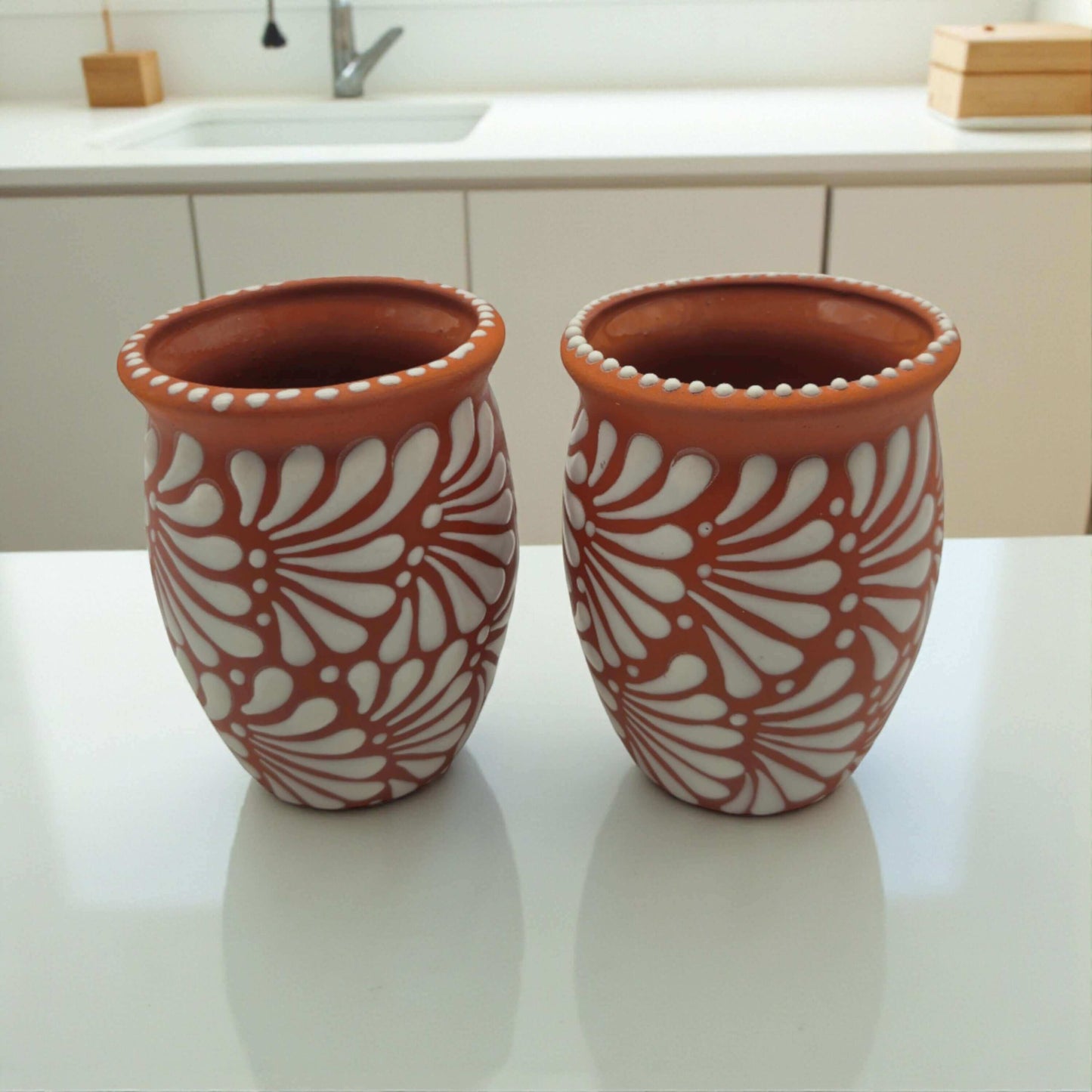Terracotta Relief Cantarito | Handmade Mexican Pottery Cup Set of 2