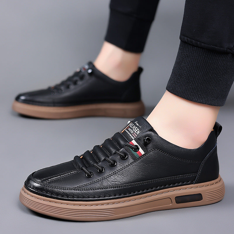 Trendy and versatile men's casual shoes, board shoes, leather soft soled breathable leather shoes Black