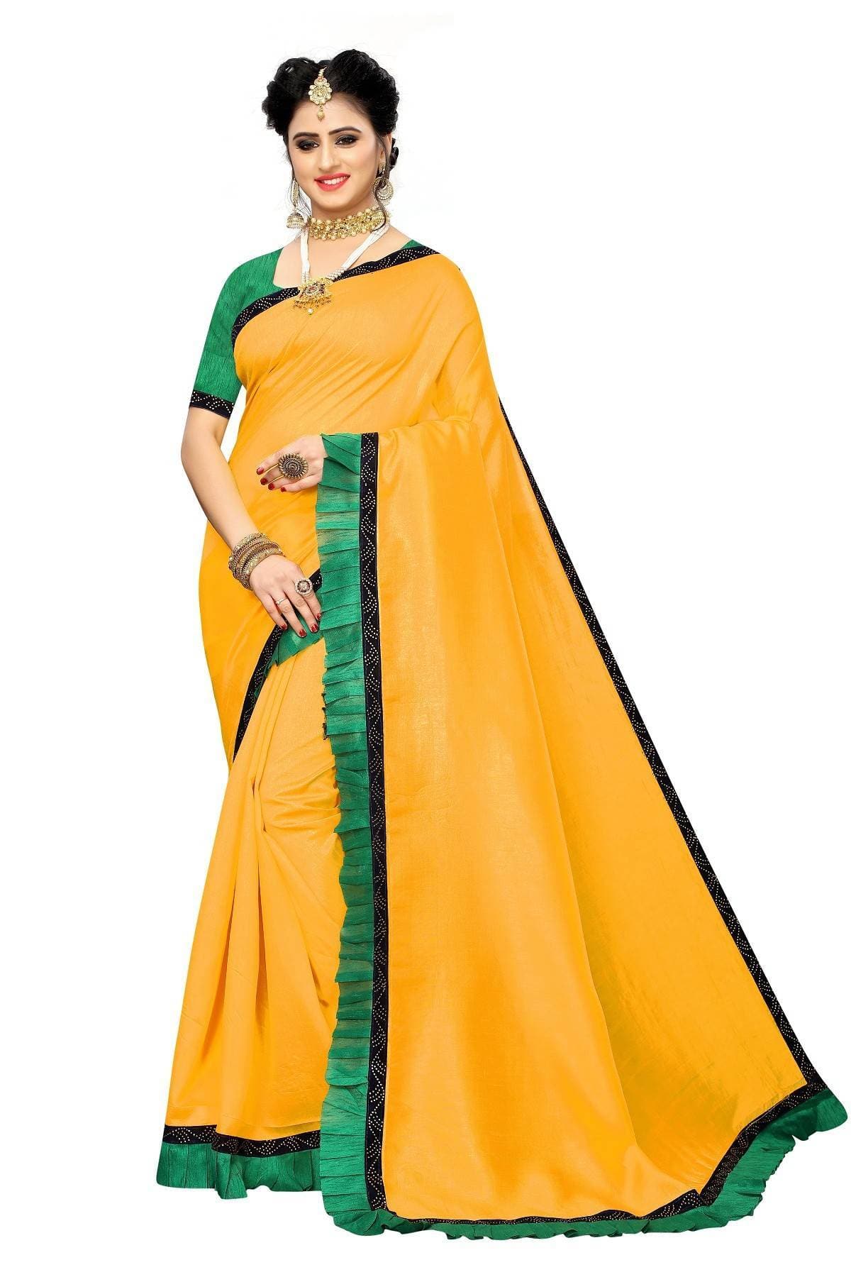 Vamika Yellow Zoya Silk Stone Work with Frill Saree Default Title