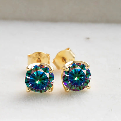 VVS D Moissanite Stud Earrings 925 Sterling Silver 18K Gold Plated Wedding rainbow