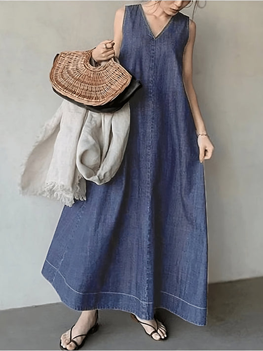 Literary Denim Tie Back V-Neck Long Dress Light Blue